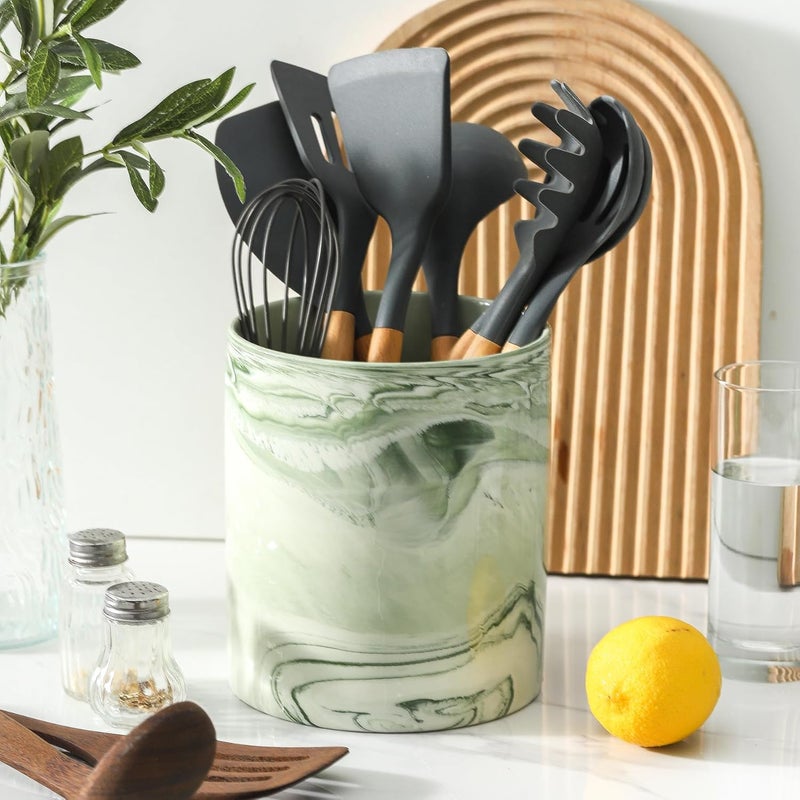 Howise 7.2 inch Large Utensil Holder for Kitchen Counter, Marble Utensil Crock Spatula Holder for Countertop Cooking Tools Storage Caddy Farmhouse Kitchen Decor (Marble-Green) - Image 2
